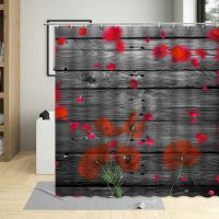 Retro Old Wooden Board Shower Curtains Poppy Flower Wood Grain Decor Fabric Vintage Curtain Waterproof With Hooks Bathroom Sets