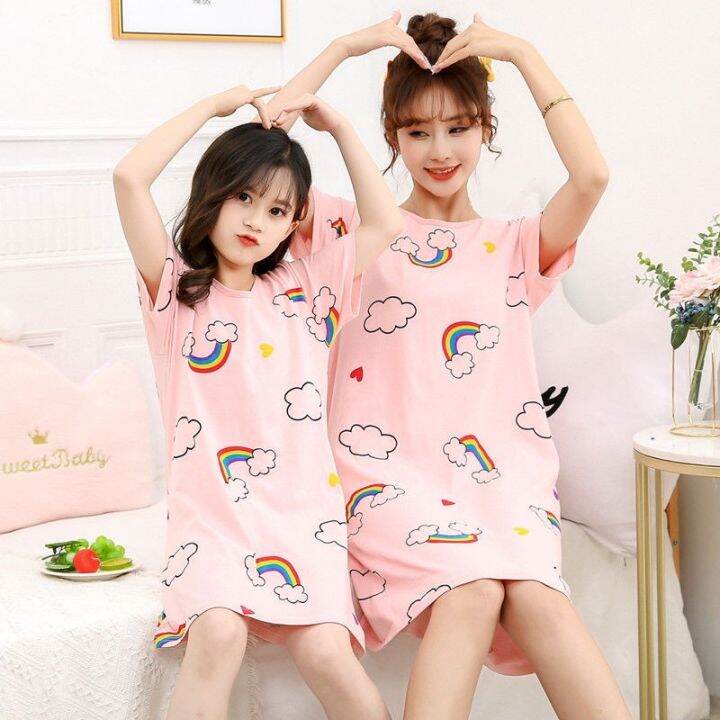 ready-stock-cotton-kids-dress-korean-girl-nightdress-short-sleeve-kids-pyjamas-girl-pajamas-parent-child-dress-baby-girl-dress-mom-dress-mother-and-daughter-sleepwear-nightwear-kids-sleepwear