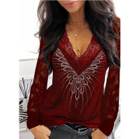 Blouse Women Elegant Lace Stitching Long Sleeve Sequin Rhinestone Decoration Tops Deep V Neck Slim Fit Blouse Tops Plus Size