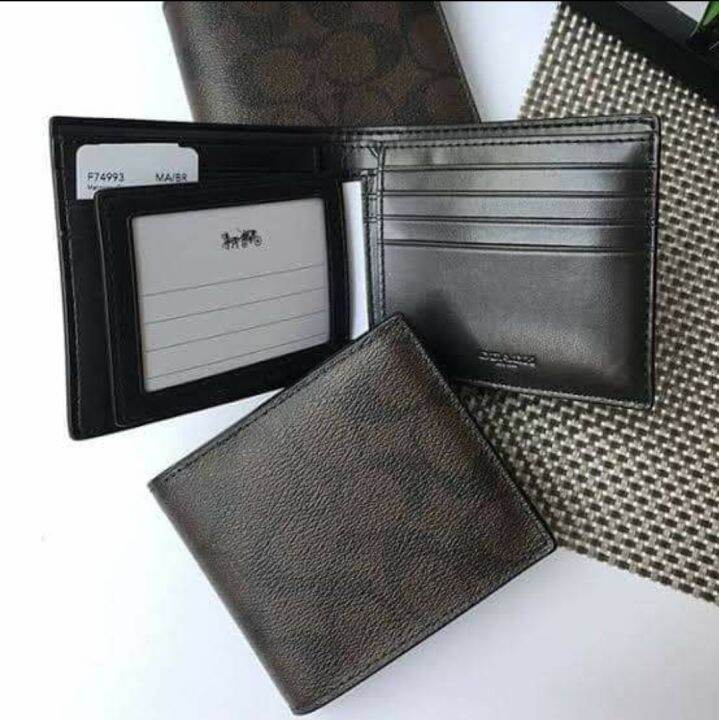 F74993 Coach Men's Compact Id Wallet In Signature Canvas Brown