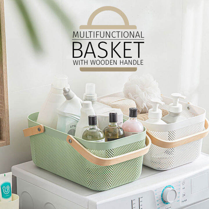 Locaupin Set of Plastic Mesh Fruit Basket with Wooden Handle Kitchen