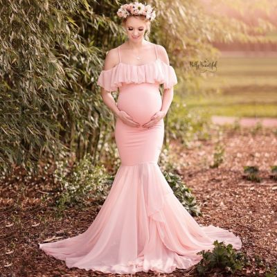 Mermaid Maternity Chiffon Dresses Pregnant Women Photo Shoot Photography Props Sexy Suspenders Off Shoulder Pregnancy Maxi Gown