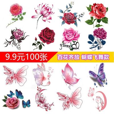 Tattoo stickers female waterproof lasting fresh sexy rose flower butterfly feet naked collarbone ins wind simulation 3D stickers
