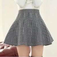 【CW】 lady high waist pleated summer plaid mini spring autumn knitted skirts flared short style