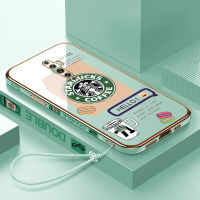 เคสเคสมือถือสำหรับ2F Reno OPPO Reno2พร้อมฟรีสายคล้อง + โลโก้ Starbucks แฟชั่นเคสขอบสี่เหลี่ยมชุบเคลือบฝาหลังนิ่ม