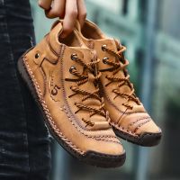 Men Hand Stitching Vintage Microfiber Leather Lace Up Comfy Soft Ankle Boots Kasut Lelaki