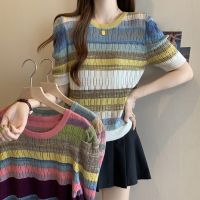 Spot 2023 Summer New Round Neck Versatile Striped Knitted Shirt Women Large Size Casual Clue Short Sleeve Single Top