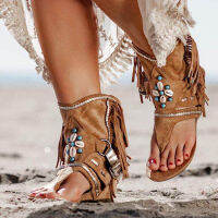 【CW】R Women Fringe Flower Wedges Shoes 2022 Solid Flock Beach Casual Sandals Women Summer Flip Flop Sandals