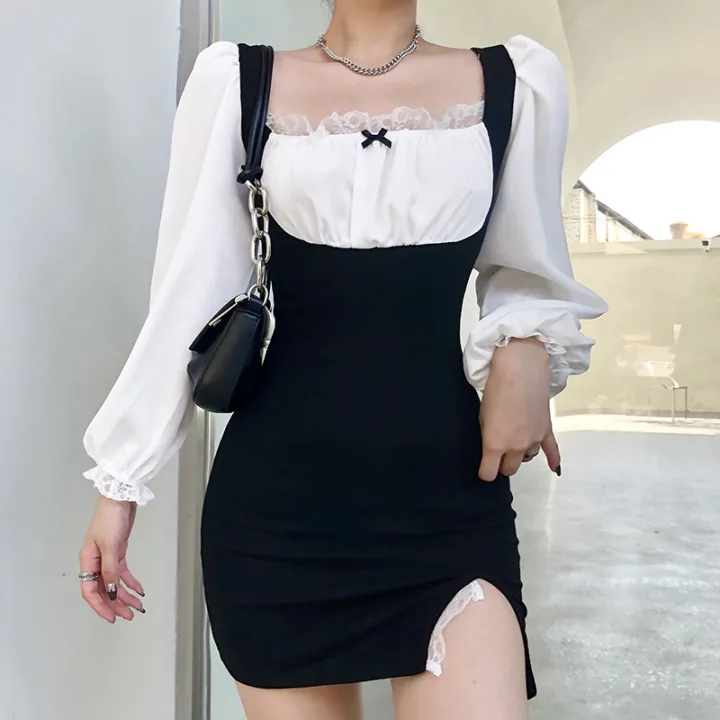 Magiclady Fashion Korean Style Women Close Fitting Slit Dress Black Long Puff Sleeves Square Collar Short One Piece Lazada