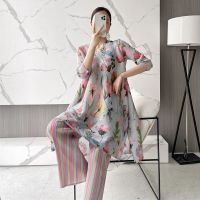 2023 summer new pleated printed dress womens mid-length large size loose temperament slit fashion