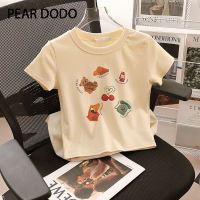 PEAR DODO เสื้อยืดแขนสั้นเอวคอกลมพิมพ์ลายเกาหลีสำหรับผู้หญิง