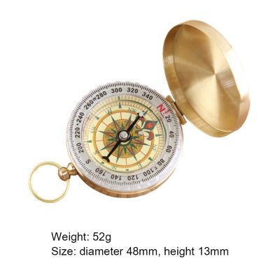 ：“{—— Mini Portable Copper Navigation Compass Outdoor Waterproof Luminous Retro Flip Compasses Camping Hiking Pointing Guide Tool