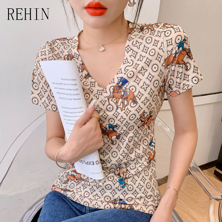 rehin-เสื้อยืดผู้หญิงคอวีแขนสั้นพิมพ์ลายการ์ตูน-เสื้อยืดผู้หญิงคอวีพิมพ์ลายไม่เหมือนใครแฟชั่นใหม่ฤดูร้อน