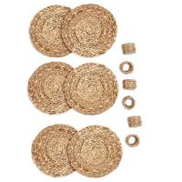 6Pcs 15inch Round Woven Placemats for Dining Table with Napkin Rings, Natural Woven Table Decor,Heat Resistant Placemats