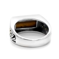 925 Silver Vintage Gold Coin Pattern Ring Simple Mens Square Natural Tiger Eye Stone Türkiye Middle East Fashion Jewelry