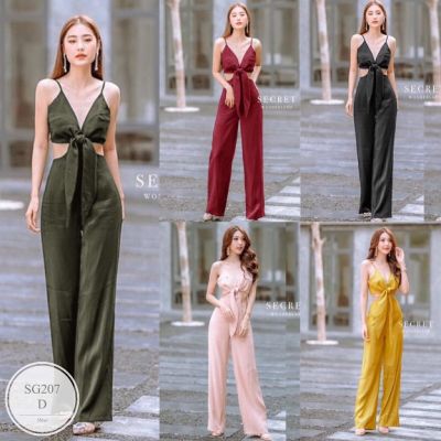 ML207 Jumpsuit จั้มสูทสายเดี่ยว อกผูกโบว์สายเดี่ยวผูกแบบไขว้ด้านหลัง เอวสม็อคหลัง มีซิปหลัง งานผ้าซ่าร่า พร้อมส่ง