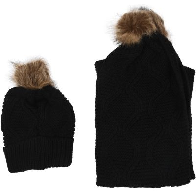 Womens Stylish Rhombus knitting Hairball Hat + Scarf Set