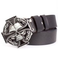 Man Skull Belt Punk Style Men Belt Buckle Skull Head Silver Skull Cross Skeleton Pattern mens Genuine Leather Belt Gift For Man