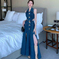 R Denim ชุด Y2k ผู้หญิง2023ฤดูร้อนใหม่เสื้อ Hollow แยกเอวยาว Frock แขนกุด เซ็กซี่ Denim Dresses