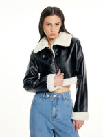 Cider Faux Shearling Collar Crop Jacket เสื้อครอปแจ็เก็ตแขนยาวผู้หญิง เสื้อแจ็คเก็ตหนังแต่งขนเฟอร์ ลุคสตรีท สไตล์เกาหลี