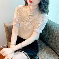 Light luxury shirt female temperament 2023 huai summer heavy hammer bead embroidery improved cheongsam blouse shirt restoring ancient ways