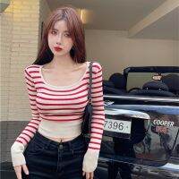 ♠﹍❇ 622648 Long Sleeve Knitwear Striped Slim-Fit Short Bottoming Shirt Top