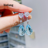 Linfang Love งานแต่งงานต่างหูนิรันดร์สำหรับผู้หญิงสีฟ้า/สีเขียว Pear Cubic Zirconia Drop ต่างหูอารมณ์ Elegant Lady S เครื่องประดับ