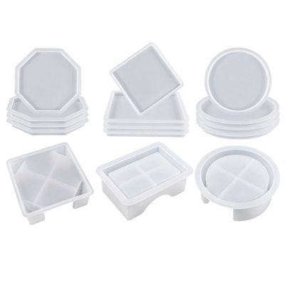 15 Pcs Coaster Resin Molds Coaster Molds Coaster Silicone Molds with Round Square Octagon Shape Holder Molds