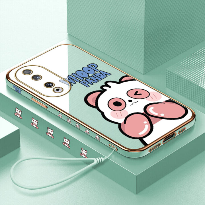 ggk-เคสสำหรับ-honor-90-5g-90-lite-5g-เคสโทรศัพท์นิ่มลายขอบสี่เหลี่ยมแพนด้าการ์ตูนน่ารักฟรีสายคล้องชุบหรูหราเคสโทรศัพท์เด็กผู้หญิง