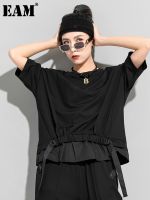 [EAM] Women Black Irregular Ribbon Big Size T-shirt New Round Neck Half Sleeve Fashion Tide Spring Summer 2023 1DD5759