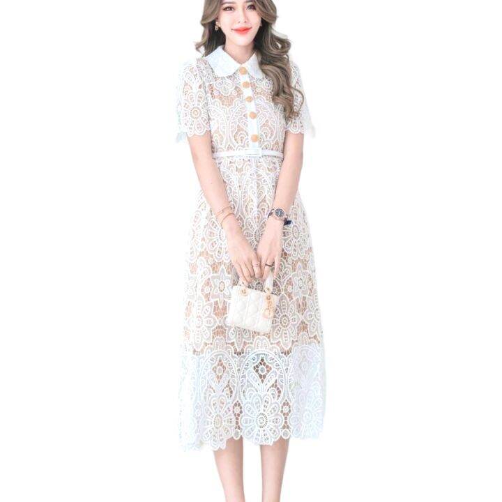 p013-001-pimnadacloset-short-sleeve-collar-button-down-lace-long-dress-with-belted