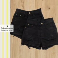 [พร้อมส่ง] BabarryJeans ยีนส์ขาสั้น เอวสูง ยีนส์ขาด ผ้ายีนส์ไม่ยืด สีดำซุปเปอร์แบล็ค