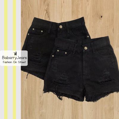 [พร้อมส่ง] BabarryJeans ยีนส์ขาสั้น เอวสูง ยีนส์ขาด ผ้ายีนส์ไม่ยืด สีดำซุปเปอร์แบล็ค