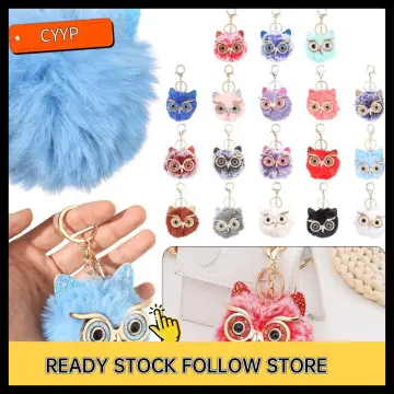 Cute Fluffy Owl Pompom Key Ring Holder Keychain Women Car Bag Pendant  Ornament