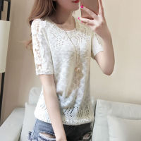 2023 summer new Han Fan lace patchwork short sleeve T-shirt womens slim versatile top cutout thin knitwear