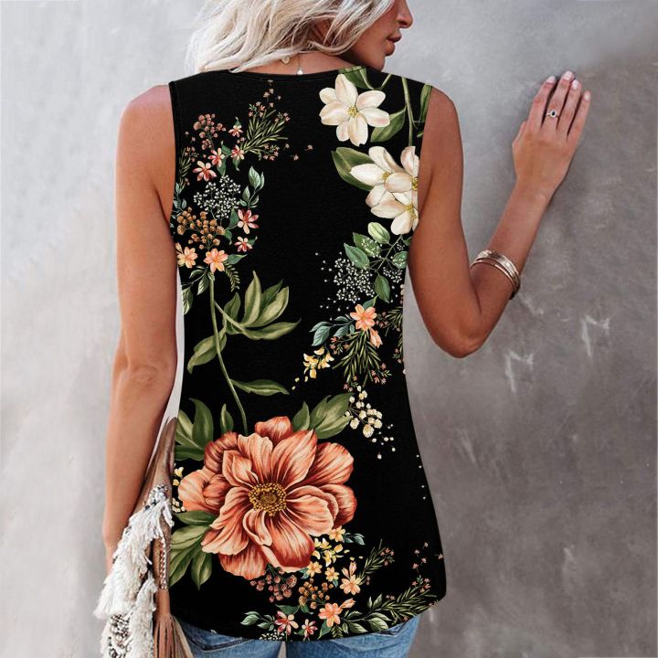 เสื้อยืดจีบแขนกุดพิมพ์ลายดอกไม้เสื้อกล้ามทรงหลวมขนาดใหญ่พิเศษลำลองสำหรับผู้หญิง
