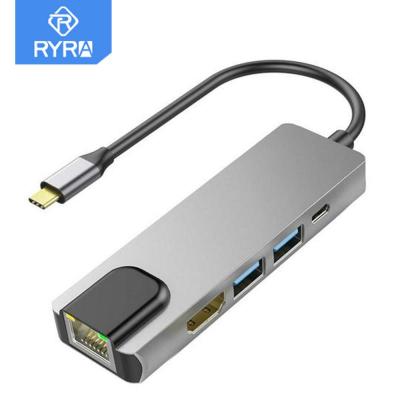 RYRA 4K Thunderbolt USB C ฮับ USB USB 3.0 Type-C ไปยังพอร์ตเครือข่ายกิกะบิตหัวแปลงสัญญาณ HDMI พร้อม HDMI 4K HD สำหรับ MacBook Air USB C Splitter Feona