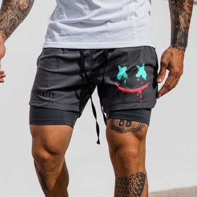 ✑ European American Men Shorts Smiling Face Printed Casual Pants Sports Fitness Performance Pants Outdoor Sports Basketball Shorts