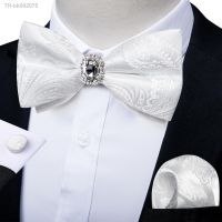 ┅♣ Unique Designer White Pre-tied Bowtie with Jewel ring Wedding Mens Bow Tie Butterfly Knot for Business галстук Handkeechief Set