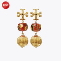 Tory Burch ต่างหู TB ต่างหูเม็ดกลมช่างฝีมือทาสีเคลือบทองสวยงามต่างหูเม็ดกลมใหม่【high-quality】