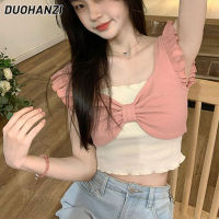 DUOHANZI เสื้อยืดแขนสั้นผูกโบว์,สีตัดกันคอสี่เหลี่ยมสั้นขนาดเล็กแขนบิน