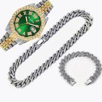 ☄  3pcs Luxury Iced Out for Men Hip Hop Cuban Chain 15mm Big Gold Necklace Watches Jewelry Set Relojes