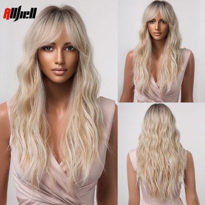 ❈ Long Wave Ombre Blonde Wigs With Bangs for Black Women Natural Wavy Daily Wedding Wig Cosplay Natural Female Hair Heat Resistant