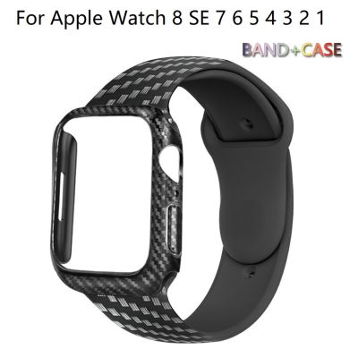 เคส + สายสำหรับสายคาด Apple Watch 44มม. 40มม. 45มม./41มม. 42มม. 38มม. สร้อยข้อมือสายนาฬิกาซิลิโคนคาร์บอนไฟเบอร์ I Watch Series 8 3 6 5 4 SE 7