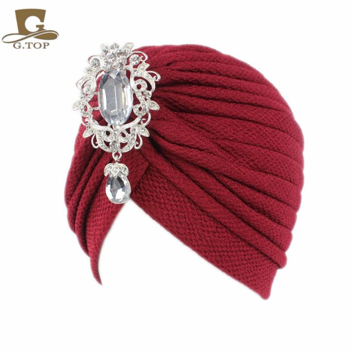 muslim-turban-with-pendant-women-day-night-cap-fashion-cotton-head-wear-ladies-headwrap-jewelry-hair-accessories-headbands