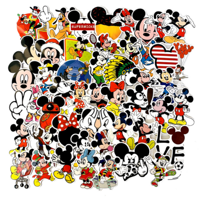 ⚡พร้อมส่ง⚡50ชิ้น mickey mouse มิกกี้ เมาส์ มิกกี้เม้าท์ sticker พลาสติกกันน้ำ สีคมชัด ตัวอย่างด้านในจ้า