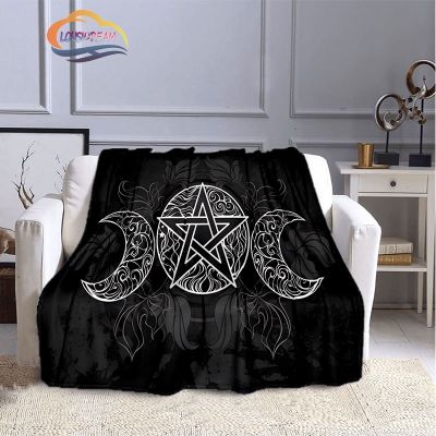 Pentacle &amp; Moon Flannel Blanket, Skull &amp; Moon Blanket, Witchy Wicca Pagan Black and White Mystical GOTHIC Sun &amp; Moon Blanket