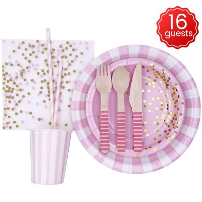 JOLLYBOOM Blue Pink Simple Tableware Set Party Supplies - Disposable Dot Bronzing Striped Paper Plate Paper Cup Tissue Decorations For Boy Girl Birthday Party Baby Shower Supplies ซื้อทันทีเพิ่มลงในรถเข็น