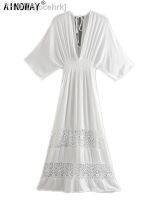 ❐❧✧ ocehrk Vestido feminino chique de renda branca robe praia boêmio decote V profundo elástico na cintura vestido boho para senhoras vintage