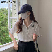 DUOHANZI เสื้อโปโลผ้าแจ็คการ์ดกลิ่นหอมขนาดเล็กเสื้อปกแขนสั้นเสื้อยืดเสื้อสวมศีรษะมีซิป2023ของผู้หญิงเสื้อกันหนาว